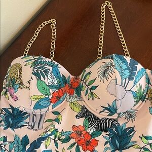 Tropical Print one piece swim suit with Gold Chain Straps